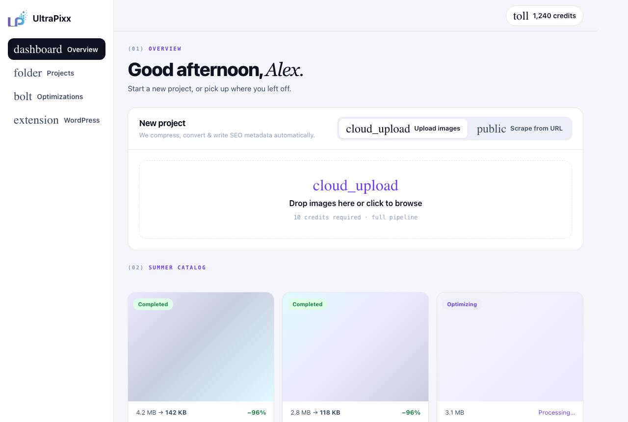 UltraPixx dashboard showing image upload, SEO filenames, alt text, and compression results